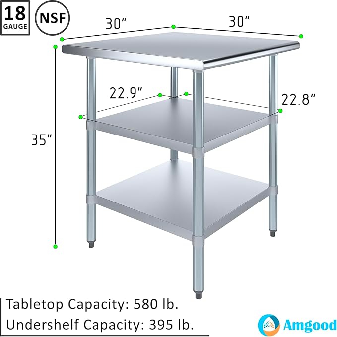 AmGood Stainless Steel Work Table with 2 Shelves | NSF | Metal Utility Table (30" Long x 30" Deep)