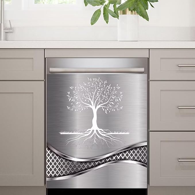Stainless Steel Design Tree Pattern Kitchen Decorative Dishwasher Cover Magnet Sticker,Fridge Panel Door,Refrigerator Decal Home Decor 23x26inch