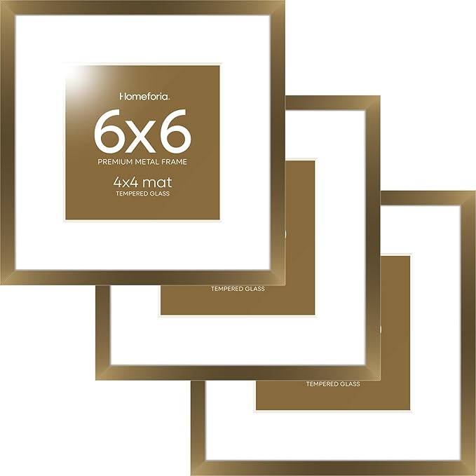 Homeforia 6x6 Picture Frames Bronze, High End Metal 6 x 6 Square Photo Frame with Mat 4 by 4, 6x6 Brass Frame Matted to 4x4 inch Print, 6by6 Wall or Tabletop Frames, Tempered Glass, Wall Kit, Set of 3