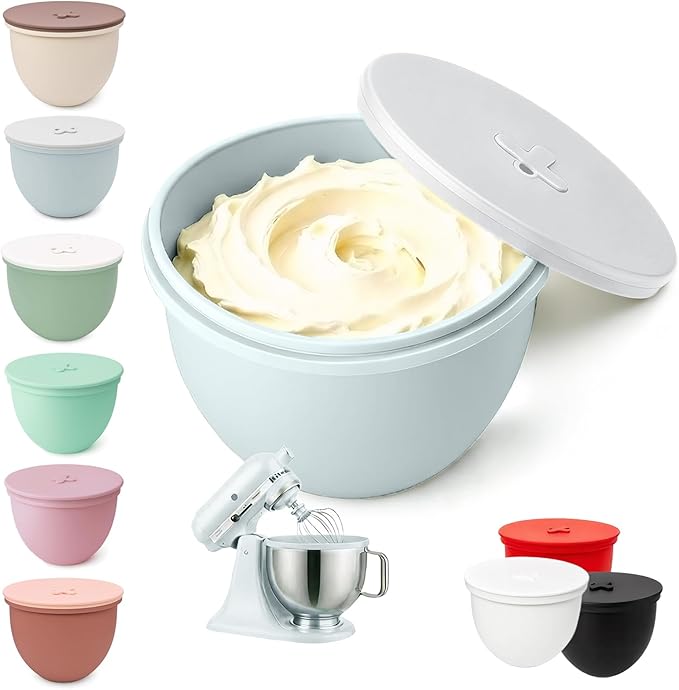 Omoiyari Premium MIST BLUE Silicone Bowl Liner with Lid for KitchenAid 4.5-Qt Tilt-Head (Only),2mm Extra-Thick Silicone,Odour-Free&Heat-Resistant,Air Valve for Dough Proofing,Dishwasher Safe,BPA Free
