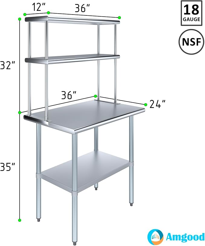 Amgood Stainless Steel Work Table Double Tier Overshelf | NSF (24" x 36" Work Table + 12" Overshelf)