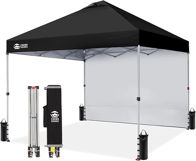 CROWN SHADES 10x10 Pop Up Canopy with 1 Side Wall - Beach Tent with One Push Setup - Outdoor Sun Shade for Events, Parties, Camping - Gazebo with STO-N-Go Cover Bag (Black)