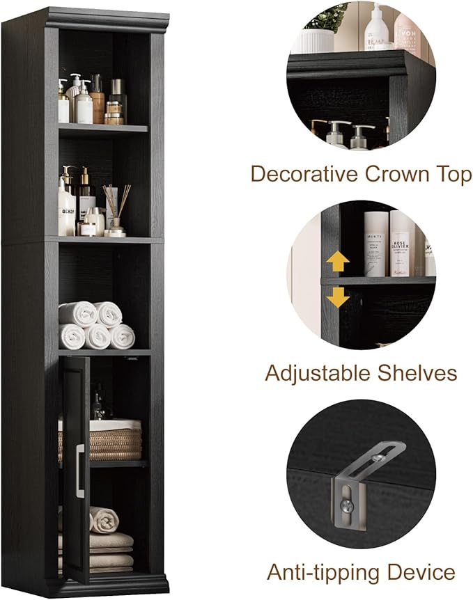 Rresyet Bathroom Cabinet, 60" Tall Bathroom Storage Cabinet with Adjustable Shelves and Doors for Small Space, Living Room, Entryway, Kitchen, Black