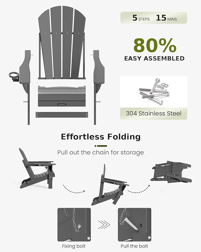 MUCHENGHY Folding Adirondack Chairs HDPE Weather Resistant 6 Pack, Patio Firepit Chairs, Sturdy Outside Chairs, Lawn Chairs, 15min Assembly 380lb Grey