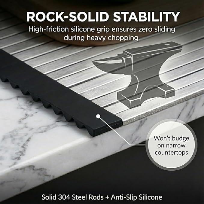 304 Stainless Steel Rollable Cutting Board – Space-Saving Over-the-Sink Workstation for RVs and Small Kitchens – Rust-Proof Heat Resistant Dishwasher Safe Non-Slip Multi-Use Prep Mat (16.7" L x 13" W)