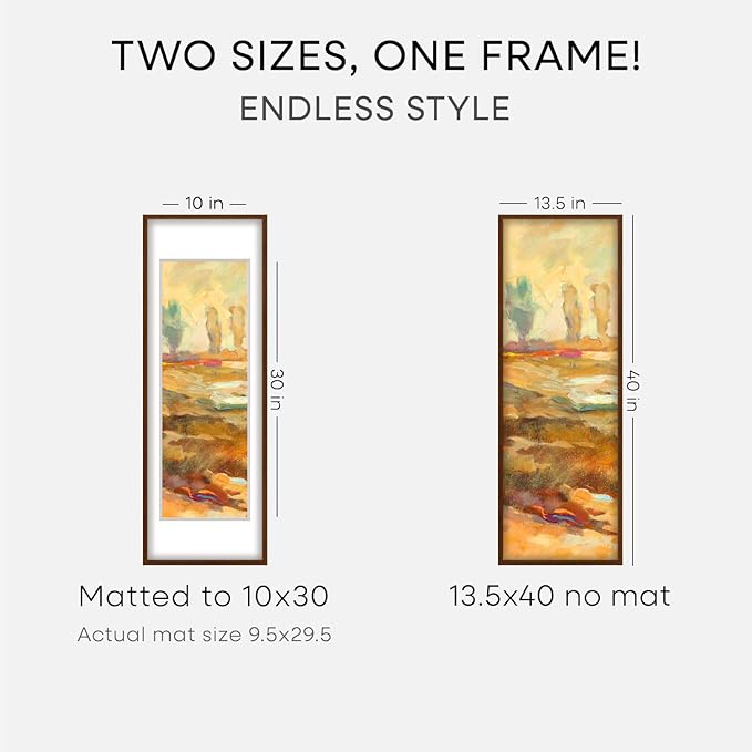 Homeforia 13.5x40 Picture Frame Brown, High End Dark Oak 13.5by40 Walnut Wood Poster Frame with Mat 10x30, 13.5 x 40 Panoramic Wooden Frames Matted to 10 x 30 Print, Tempered Glass, Wall Kit, Set of 3