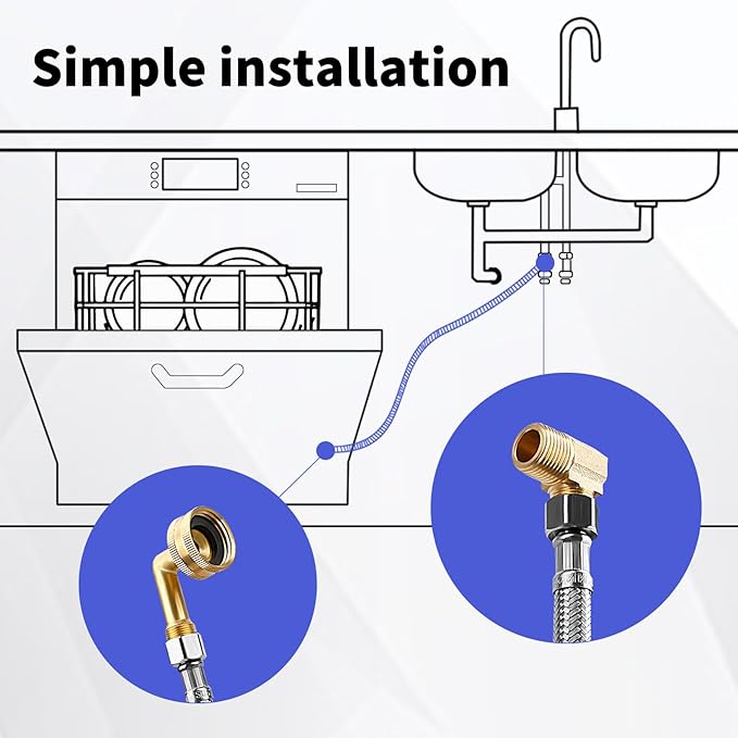 Dishwasher Installation Kit, Braided Stainless Steel Dishwasher Connector, 6 FT Water Supply Line with 3/8 Inch Compression Ends, 3/8 Inch MIP Elbow and 3/4 Inch FHT Elbow, Short Distance Connection