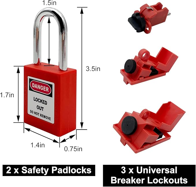 Lockout Tagout Kit - Clamp-On Circuit Breaker, Group Hasps, Tag, Universal Multi-Pole Breaker With Pocket Bag (Black Kit)
