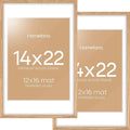 Homeforia 14x22 Picture Frame Wood, High End Natural Oak 14x22 Light Wooden Poster Frame with Mat 12x16, 14 x 22 Frames Matted to 12 x 16 Photo, 22x14 Hanging Frame, Tempered Glass, Wall Kit, Set of 2