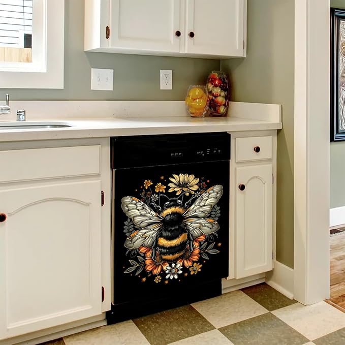 cfpolar Dishwasher Magnet Cover for The Front Dishwasher Door Cover Panel Decals Vintage Bee Flower Magnetic Refrigerator Cover for Kitchen Farmhouse Home Decor（23 X 26 in）