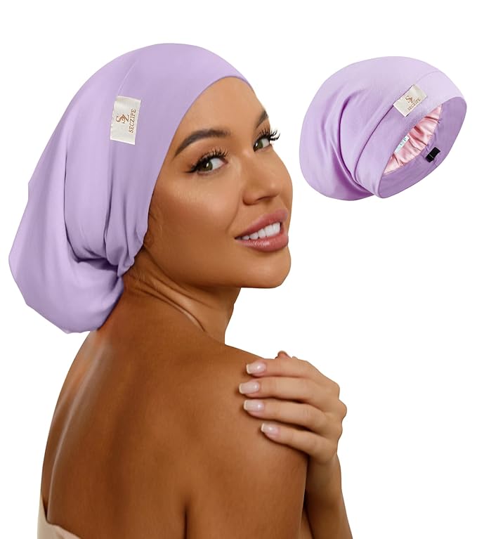 100% Mulberry Silk Bonnet for Sleeping for Curly Hair and Braids, Wrap with Adjustable Strap for Women and Men,Real Silk, Not Satin（1Pc,Lavender