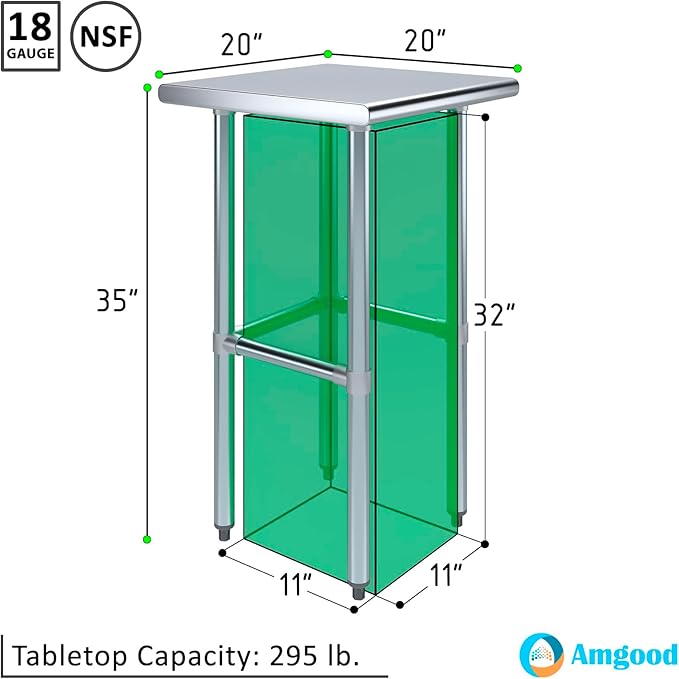 AmGood Stainless Steel Work Table Open Base | NSF Kitchen Island Food Prep | Laundry Garage Utility Bench (20" Long X 20" Deep)