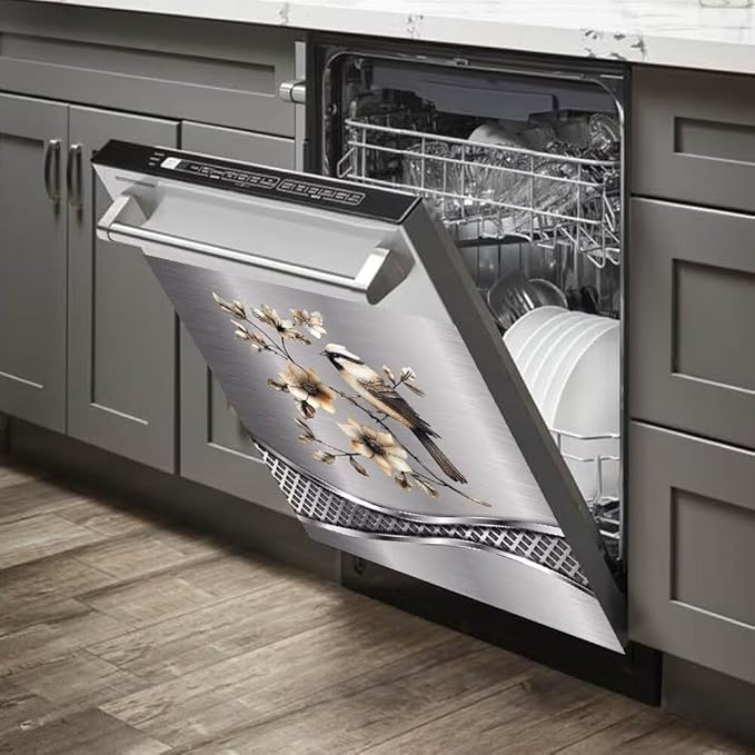 Imitation Stainless Steel Design Bird Pattern Dishwasher Cover Magnetic Sticker Refrigerator Door Panel Cover Fridge Appliance Magnet Decal Sheet 23x26 inch