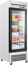 COOLCHEF 27" Commercial Glass Door Refrigerator, 23 Cu.Ft Single Door Reach-In Cooler, 33-40℉, Low-E Tempered Double Glass, 4 Shelves, R290