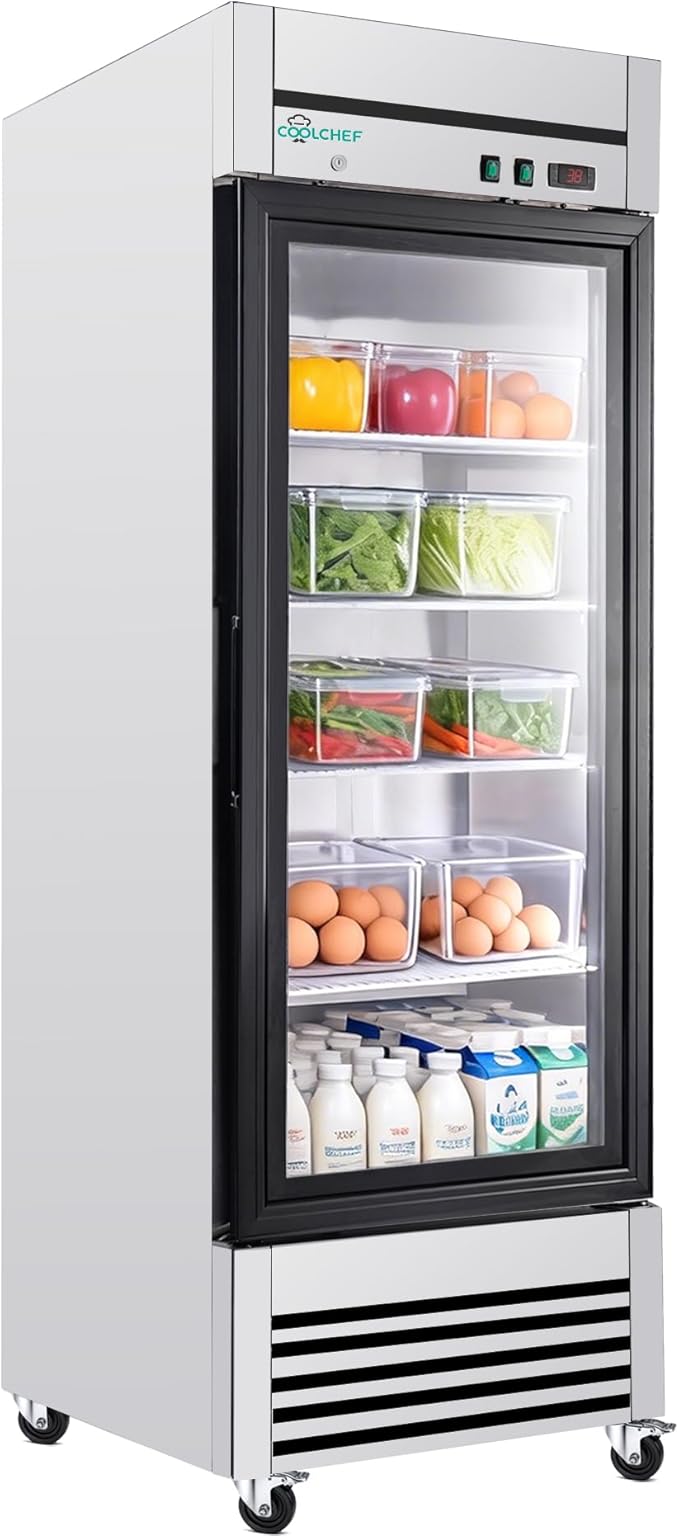 27" Commercial Glass Door Refrigerator, 23 Cu.Ft Single Door Reach-In Cooler, 33-40℉, Low-E Tempered Double Glass, 4 Shelves, R290