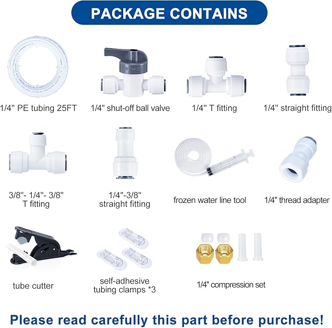 Refrigerator Water Line Kit - Ice Maker Fridge Water Line Kit, 25FT 1/4In Water Tubing with Fittings and Tubing Cutter for Refrigerator, Ice Maker, RO Filter, Also Unfreeze Water Line Tool Include