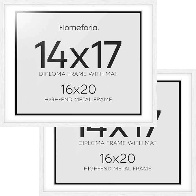 Homeforia 16x20 Diploma White Frame, High End Oak 16 x 20 Certificate Wood Frames with Mat 14 by 17 inch, 20x16 Document Frame Matted to 14x17, Wooden Degree Frames, Tempered Glass, Wall Kit, Set of 2