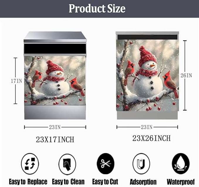 Christmas Snowman Dishwasher Magnetic Cover Front Door Stickers Cardinal Bird Dishwasher Magnet Covers Kitchen Fridge Decals Xmas Decoration Kitchen Cabinet Sticker, Magnetic 23" x 17"