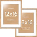 Homeforia 12x16 Wood Frame, High End Natural Oak 12x16 Light Wooden Picture Frame with Mat 9x12, 12 x 16 Poster Frames Matted to 9 by 12 Photo, 16x12 Hanging Frames, Tempered Glass, Wall Kit, Set of 2