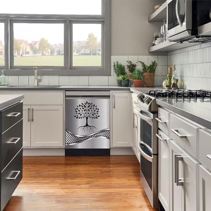 Imitation Stainless Steel Design Tree Pattern Magnetic Dishwasher Cover Sticker,Kitchen Decor Magnet Cabinet Fridge Panel Decal Sticker 23W x 26H inchs