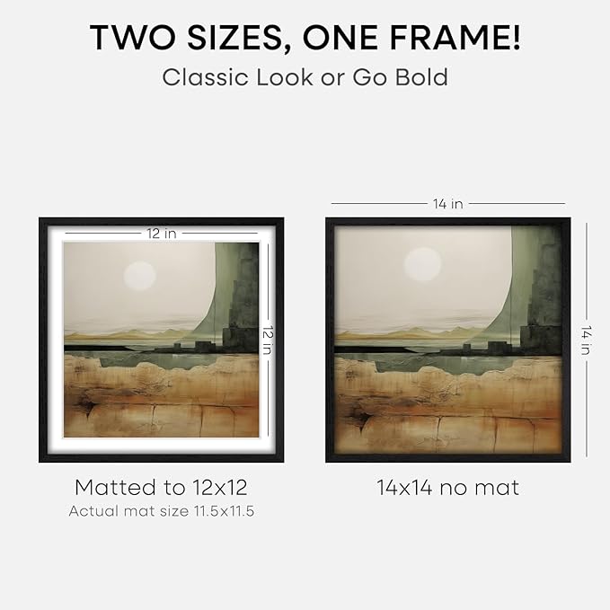 Homeforia 14x14 Black Wood Frame, High End Oak 14 x 14 Square Picture Frames with Mat 12 by 12 inches Photo, 14by14 Black Wooden Poster Frames Matted to 12x12 Print, Tempered Glass, Wall Kit, Set of 3