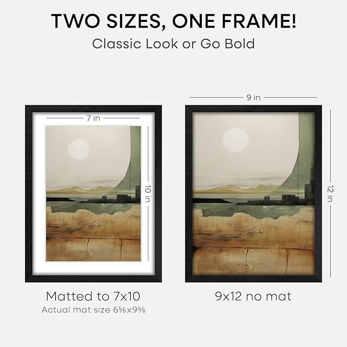 Homeforia 9x12 Black Wood Picture Frame, High End Oak 9 x 12 Frames with Mat 7 by 10 Art, 9by12 Black Wooden Frame Matted to 7x10 inch Photo, Wall or Tabletop Frame, Tempered Glass, Wall Kit, Set of 3