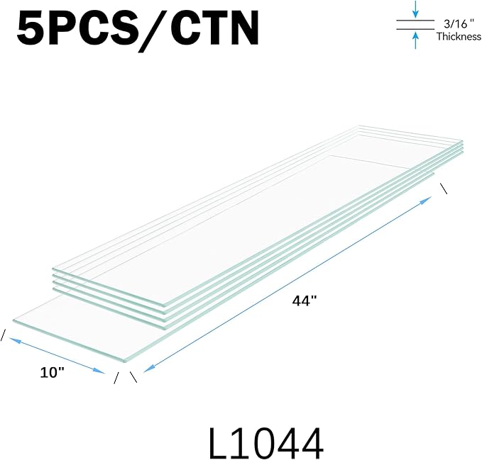 Floating Shelves - Pack of 5 Tempered Glass Shelves, 10" W x 44" L, 3/16" Thick, Polished Edges-– Rectangular Replacement Shelves for Cabinets, Display Cases & Retail Fixtures