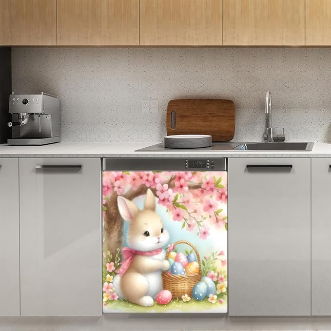 Cute Easter Bunny Flower Eggs Dishwasher Magnet Cover, Reusable Refrigerator Panel Stickers Microwave Front Door Covers Magnets for Kitchen Home Appliances Holiday Party Decorations 23 X 26 in