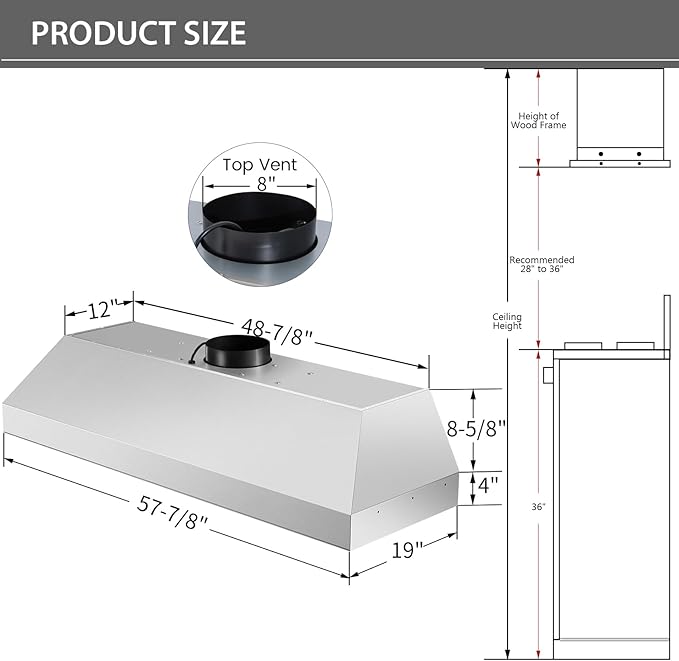 Akicon 60 Inch Range Hood Insert with Heater Sensor, 1200 CFM Ultra-Quiet Stainless Steel Ducted Vent Hood Insert with 4 Speed Fan, Dimmable LED Lights and Dishwasher Safe Filters