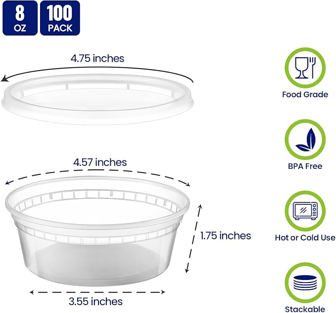 AOZITA 100 Sets 8 oz Plastic Deli Containers With Lids, Airtight Food Storage Containers, Freezer/Dishwasher/Microwave Safe, Takeout Meal Prep Storage