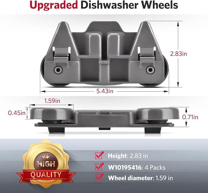 W10195416 Dishwasher Wheels Lower Rack Compatible with Kitchenaid Whirlpool Maytag Kenmore Dishwasher Replacement Parts W10195420 AP5983730 PS11722152 Upgraded Lavavajillas Rack Lower Wheels 4 Pack