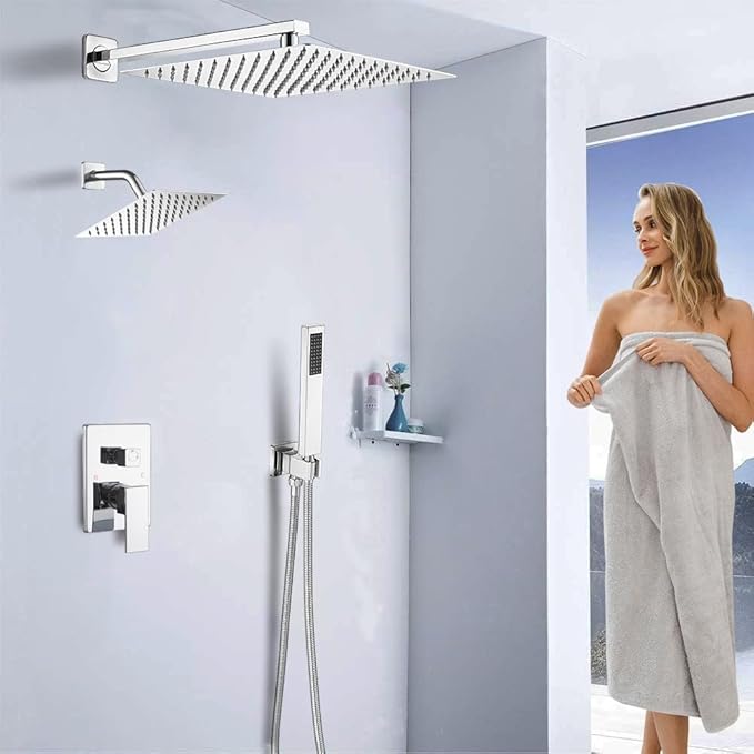 Shower Faucet Set Polished Chrome Shower System, Knob Switch Diverter Shower Faucet with High Pressure Handheld Spray, Wall Mount 10 Inch Shower Head with 6 Inch Wall Mount Shower Head