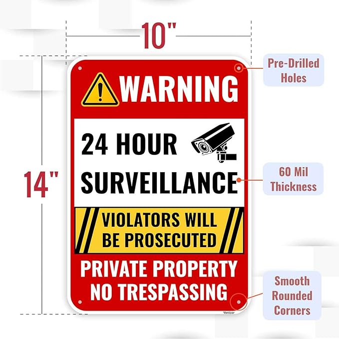 2PC 24 Hour Surveillance Sign, 14 x 10 Inches - Aluminum - Private Property No Trespassing - Security Camera Metal Warning Sign