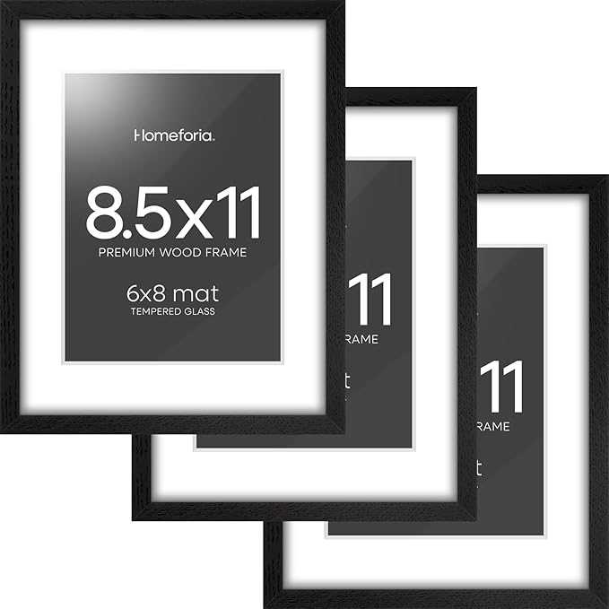 Homeforia 8.5x11 Picture Frame Black Wood, High End Oak 8.5 x 11 Frames with Mat 6 by 8 Print, 8.5by11 Wooden Frame Matted to 6x8 inch Photo, Wall or Tabletop Frame, Tempered Glass, Wall Kit, Set of 3
