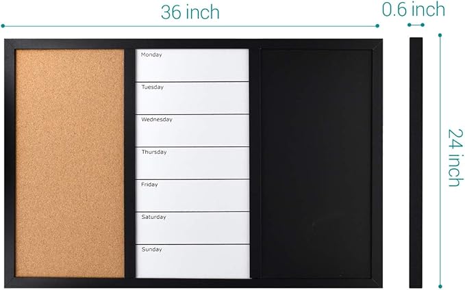 Navaris Combination Board Cork/Whiteboard/Chalkboard - 24 x 36 inches Combo Bulletin Magnetic Dry Erase Chalk Board Weekly Planner Message Organizer