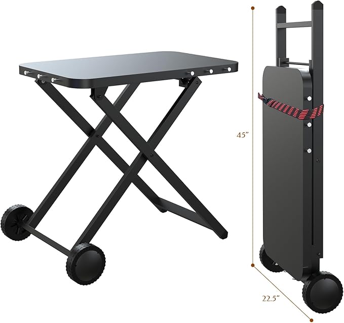 Portable Grill Table, Outdoor Prep Table with 2 Wheels, Pizza Oven Cart for Ninja Woodfire/XL Pro, Weber Q, Blackstone, Napoleon,Ooni Table Top Grill, Folding Grill Cart for Camping, RV