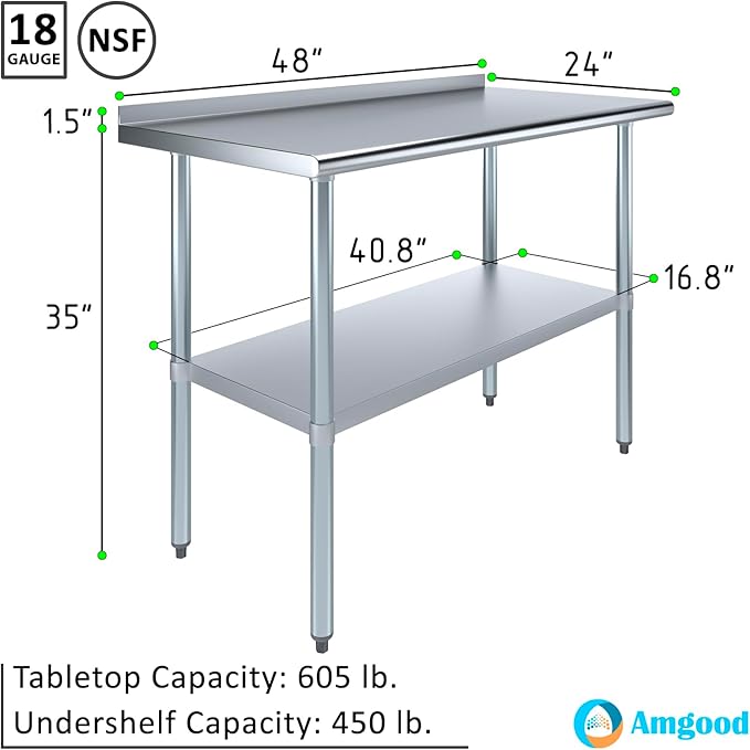 AmGood 48" Long x 24" Deep Stainless Steel Work Table with 1.5" Backsplash | Metal Kitchen Food Prep Table | NSF