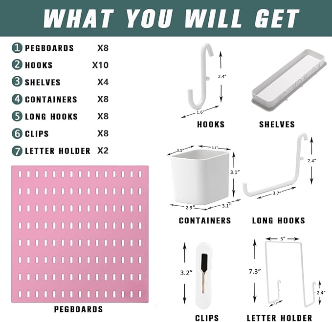 Wall-Mounted Pegboard Kit, 50.4" x 25.2" Organizer Panel – Large, Cost-Effective & Nail-Free Installation Pink