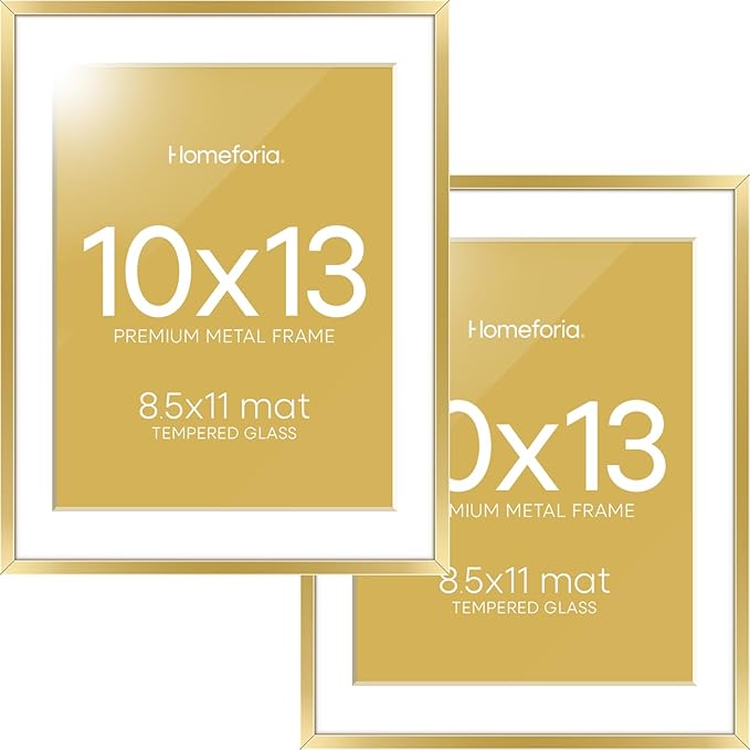 Homeforia 10x13 Picture Frame Gold, High End Metal 10x13 Poster Frames with Mat for 8.5x11, 10 x 13 Gold Frames Matted to 8.5 x 11 inch Photo, 10by13 Hanging Frames, Tempered Glass, Wall Kit, Set of 2