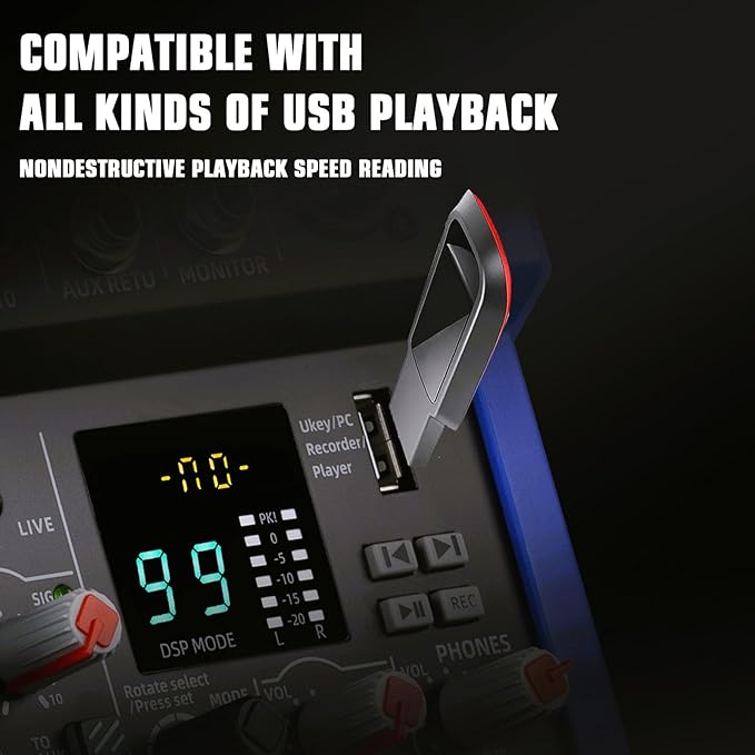 12-Channel Audio Interface Mixer Board, Bluetooth Studio Mixing Console XLR Microphone Jack 99 DSP DJ Mixer Audio Reverb Effect +48V Phantom Mixer For Karaoke Studio Streaming Recording