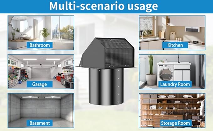 6 Inch Hooded Wall Vent with Screen and Damper,Wall Exhaust Vent Cover Cap,Dryer Vent Cover Outside,External Extractor Wall Vent Hood for House Kitchen Range Hood Air Ventilation Black