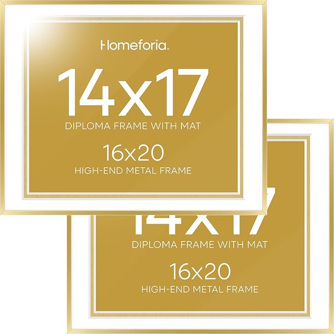 Homeforia 16x20 Diploma Frame Gold, High End Metal 16 x 20 Gold Certificate Frames with Mat 14 x 17, 16by20 Document Frame Matted to 14x17, Graduation Degree Frames, Tempered Glass, Wall Kit, Set of 2