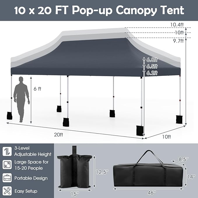 Tangkula 10x20 Ft Pop Up Canopy, Instant Setup Tent with 6 Sandbags, 12 Stakes & 6 Ropes, UPF 50+ Portable Outdoor Canopy Tent with Carrying Bag for Camp, Beach, Patio (Black)