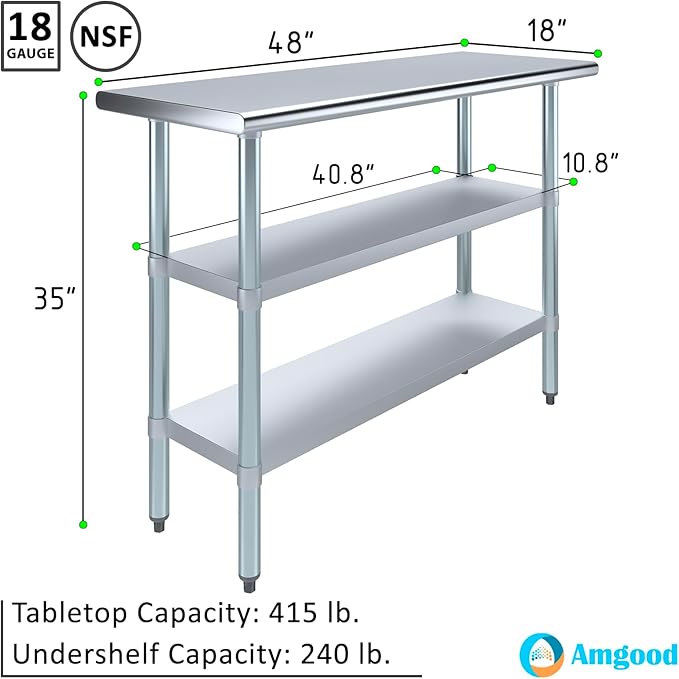 AmGood Stainless Steel Work Table with 2 Shelves | NSF | Metal Utility Table (48" Long x 18" Deep)