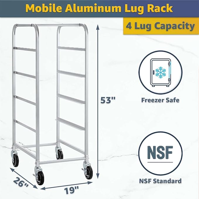 19"x26"x53" Mobile Aluminum Lug Rack - 4 Lug Capacity, NSF Commercial Portable Cart with 5" Swivel Casters and Brakes, Heavy-Duty 440 lb Capacity Storage Rack, Freezer Safe, Utility Dolly