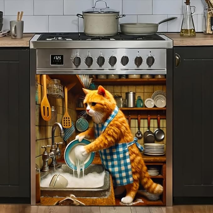 Cat Dishwasher Cover Magnet Kitchen Decor 23x26 Inch Funny Cat Dishwasher Magnet Cover Front Door Panel Decal Cover Sticker for Country Farmhouse Window Fridge Decoration