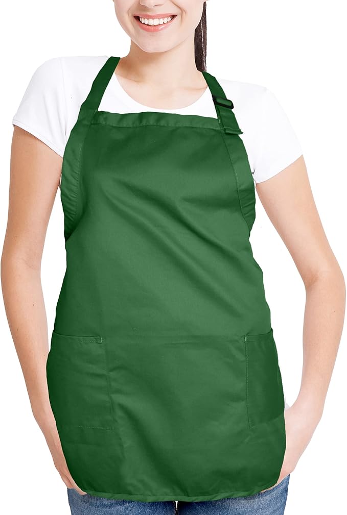 Apron Commercial Restaurant Home Bib Spun Poly Cotton Kitchen Aprons (2 Pockets) in Dark Green 2 Pack