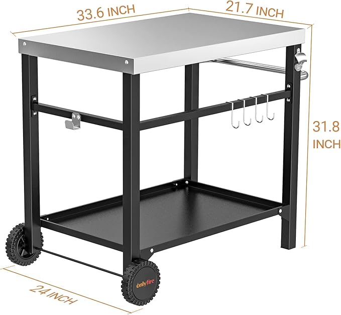 onlyfire Stainless Steel Movable Dining Cart Table, Pizza Oven Table, Multifunctional Utility Cart with Wheels for Outdoors, Kitchen or Backyard Patio