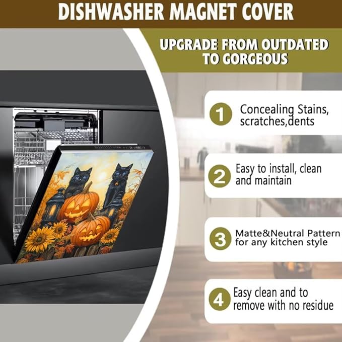 Halloween Black Cat Magnetic Dishwasher Cover Vinyl Sticker,Pumpkin Lantern Dishwasher Magnet Cover,Autumn Fall Sunflower Fridge Door Cover Magnets Art Skin Panel Decal for Home Decor, 23"X26"
