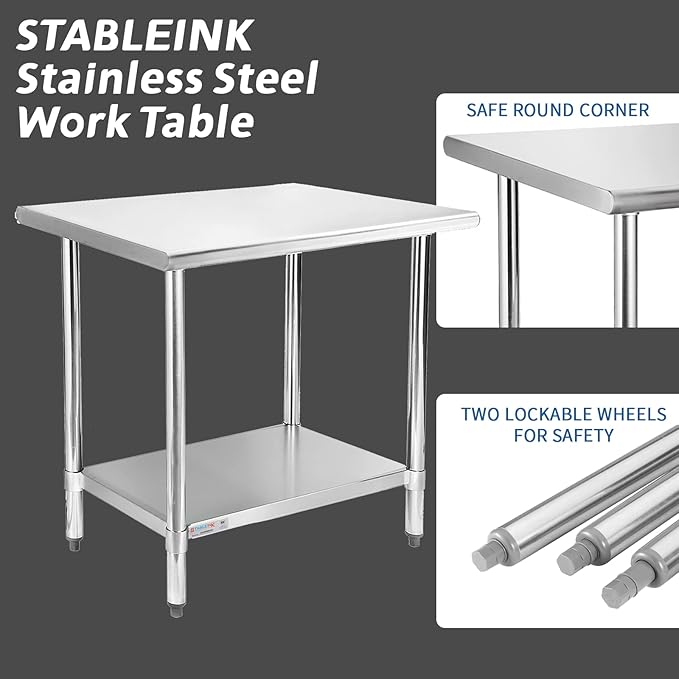 STABLEINK NSF Stainless Steel Table, 24 x 36 Inches Metal Prep & Work Table with Adjustable Undershelf, for Commercial Kitchen, Restaurant, Hotel and Garage，Stainless Steel prep Table Work Table
